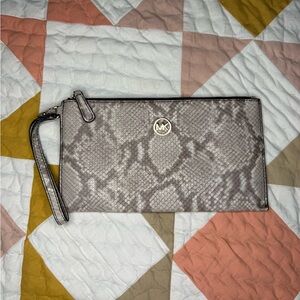 Michael Kors Taupe Snakeskin-Embossed Wristlet with Gold Hardware